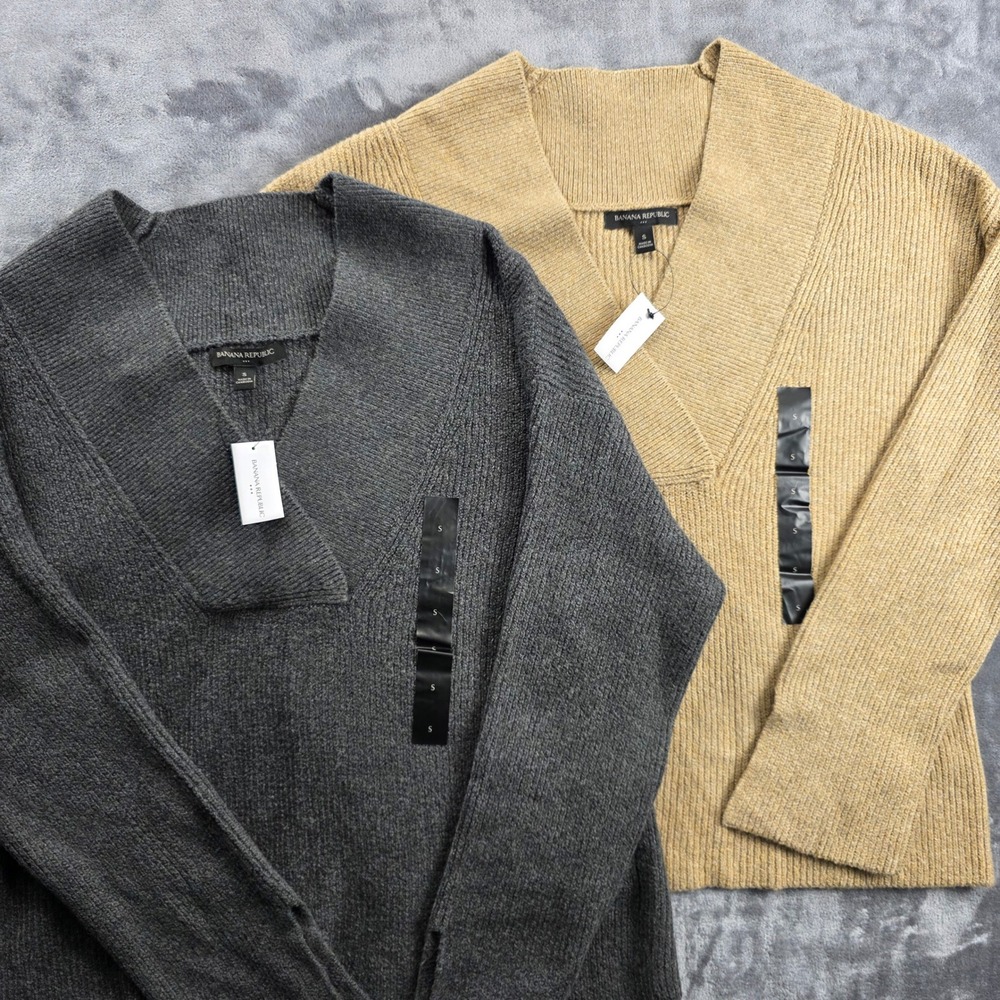 Banana Republic Sweater Lot Women S Gray Tan Ribbed Shawl Neck Cotton Blend NWT